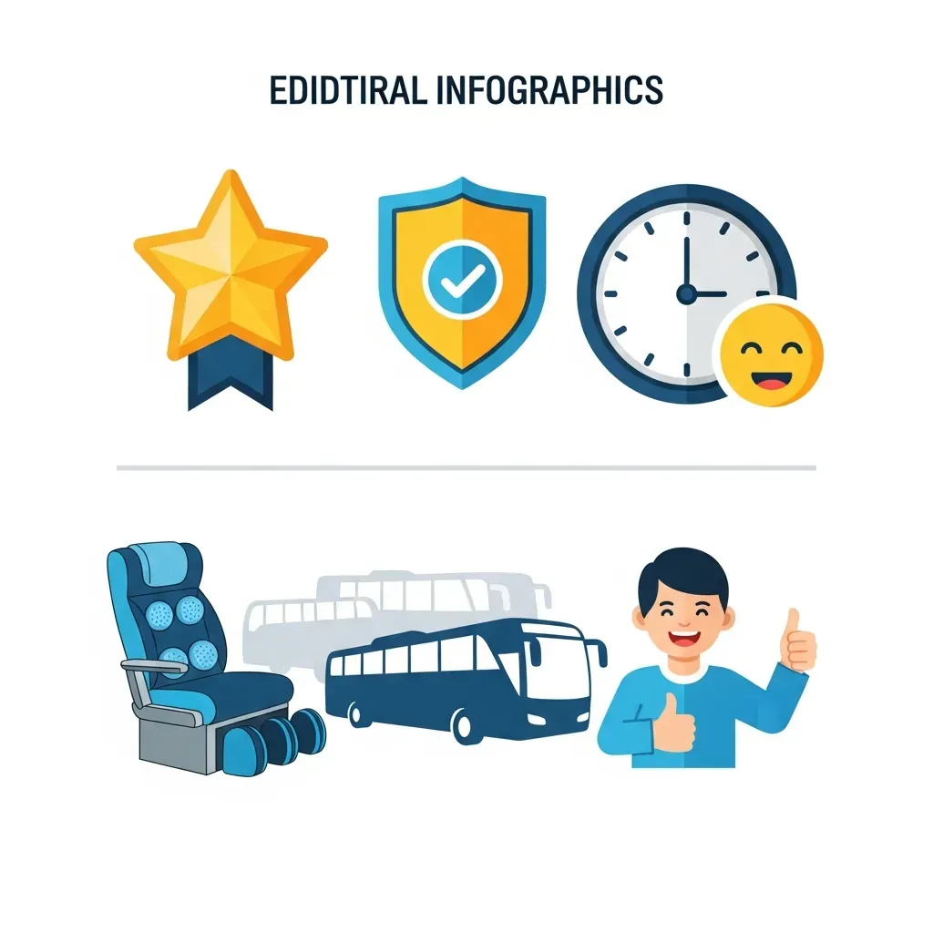 Infographic với biểu tượng sao, đồng hồ, khiên an toàn, ghế ngồi thoải mái thể hiện chất lượng nhà xe.