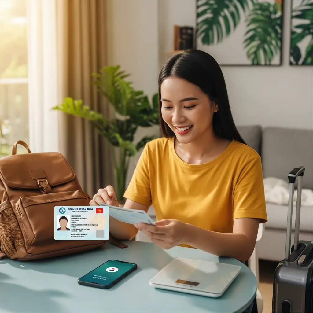 Phụ nữ Việt Nam chuẩn bị hành lý với ba lô, điện thoại, cân hành lý và thẻ căn cước.