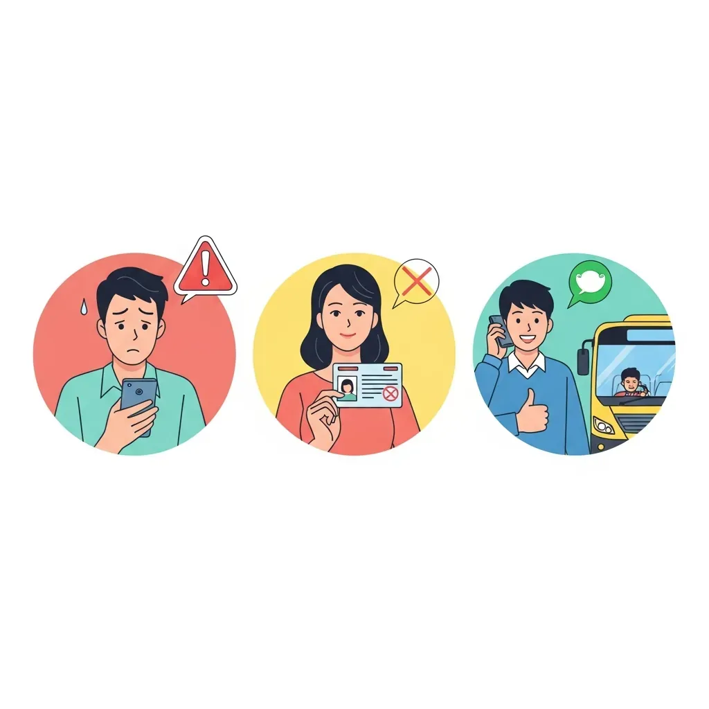 Tranh minh họa các sai lầm thường gặp: điện thoại báo lỗi, căn cước hết hạn, phong bì hối lộ gạch chéo.