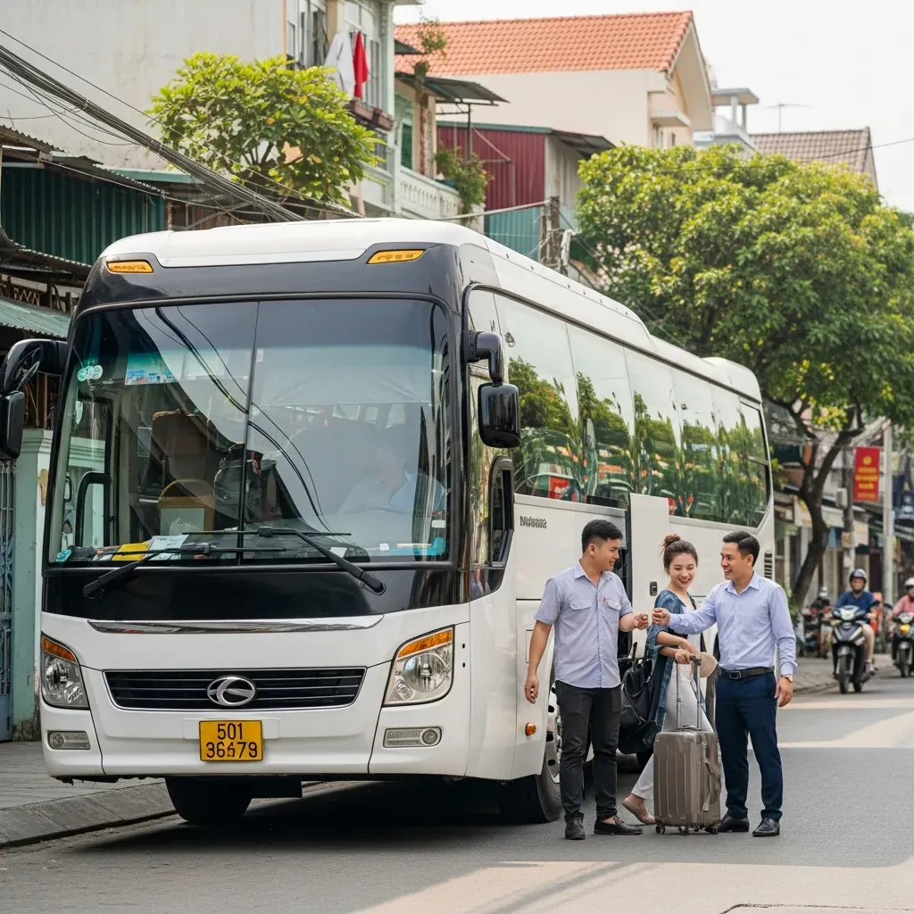Xe limousine hiện đại đỗ trước nhà ống Sài Gòn, khách hàng đang lên xe.