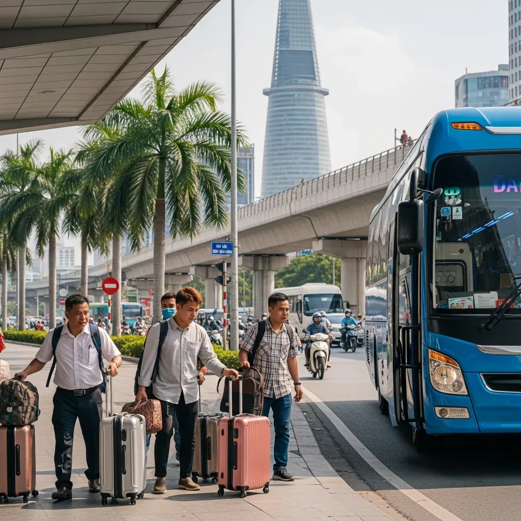 Khách xuống xe tại bến xe ở Sài Gòn với tuyến metro trên cao phía sau