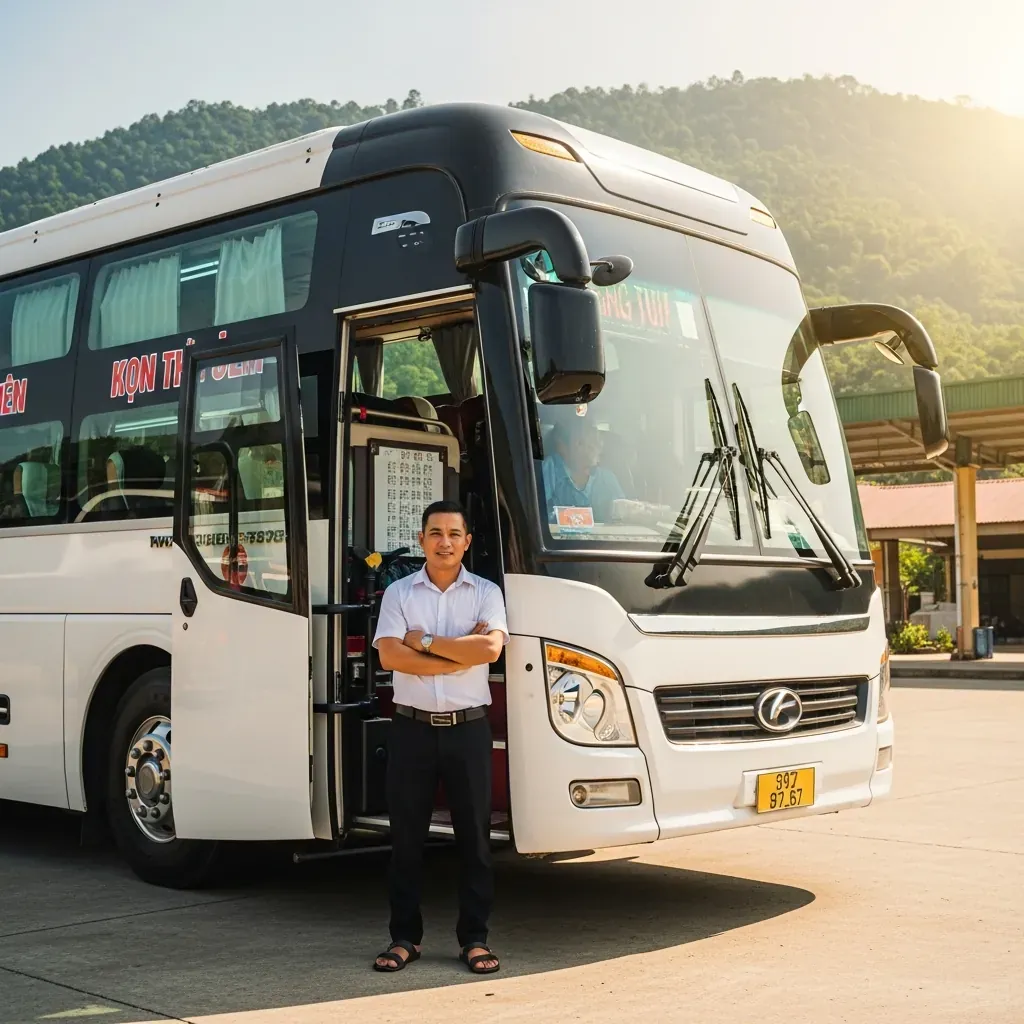 Xe giường nằm Việt Tân Phát đỗ tại bến xe Kon Tum với tài xế đứng bên cạnh