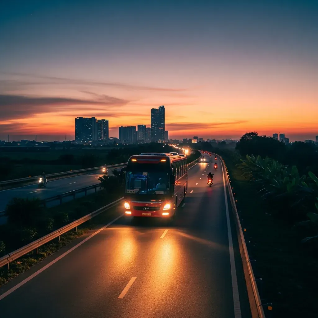 Xe khách chạy đêm trên cao tốc từ Kon Tum về Sài Gòn lúc bình minh