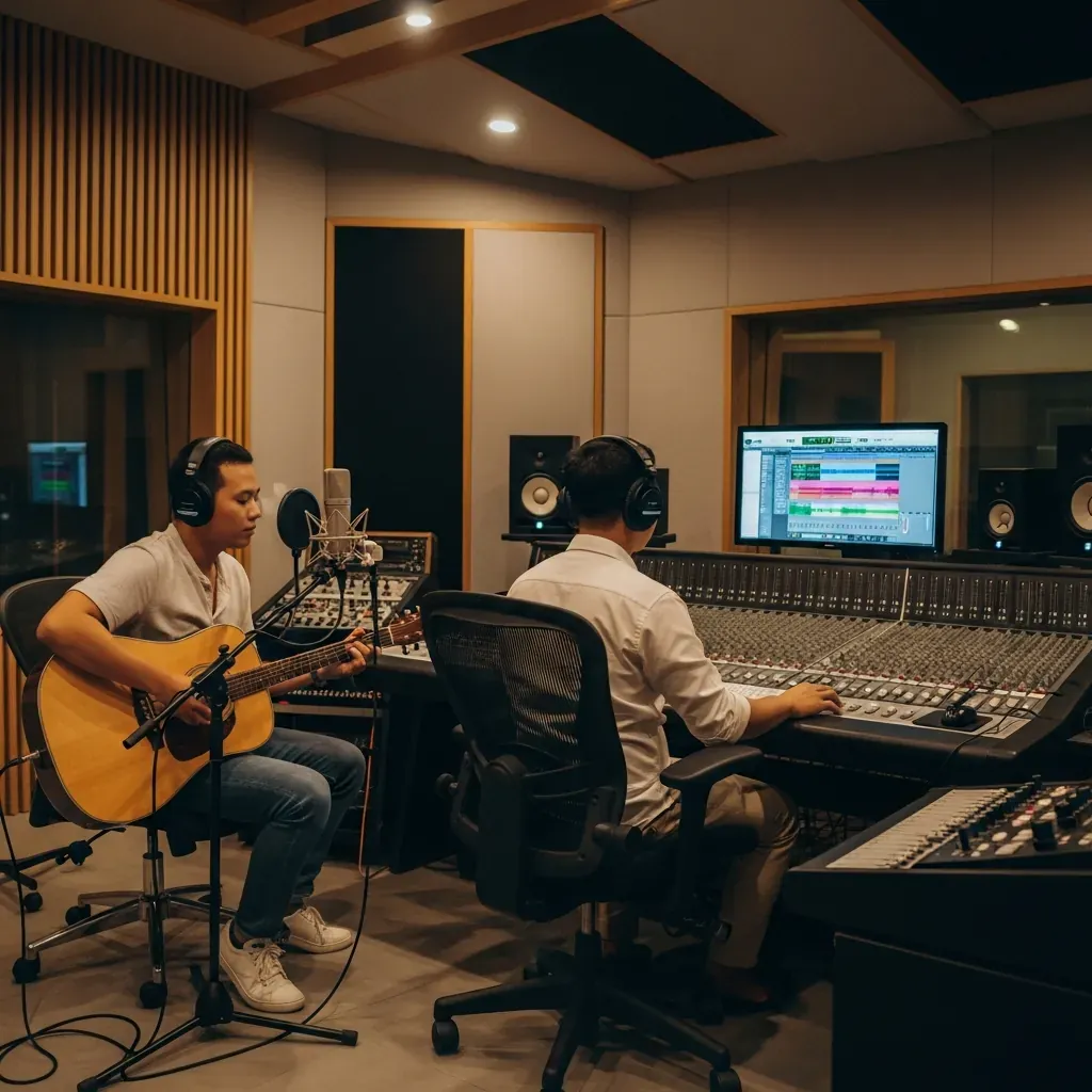Buổi thu âm tại FlyPro Studio, quận Gò Vấp, với nhạc sĩ người Việt đang chơi guitar.