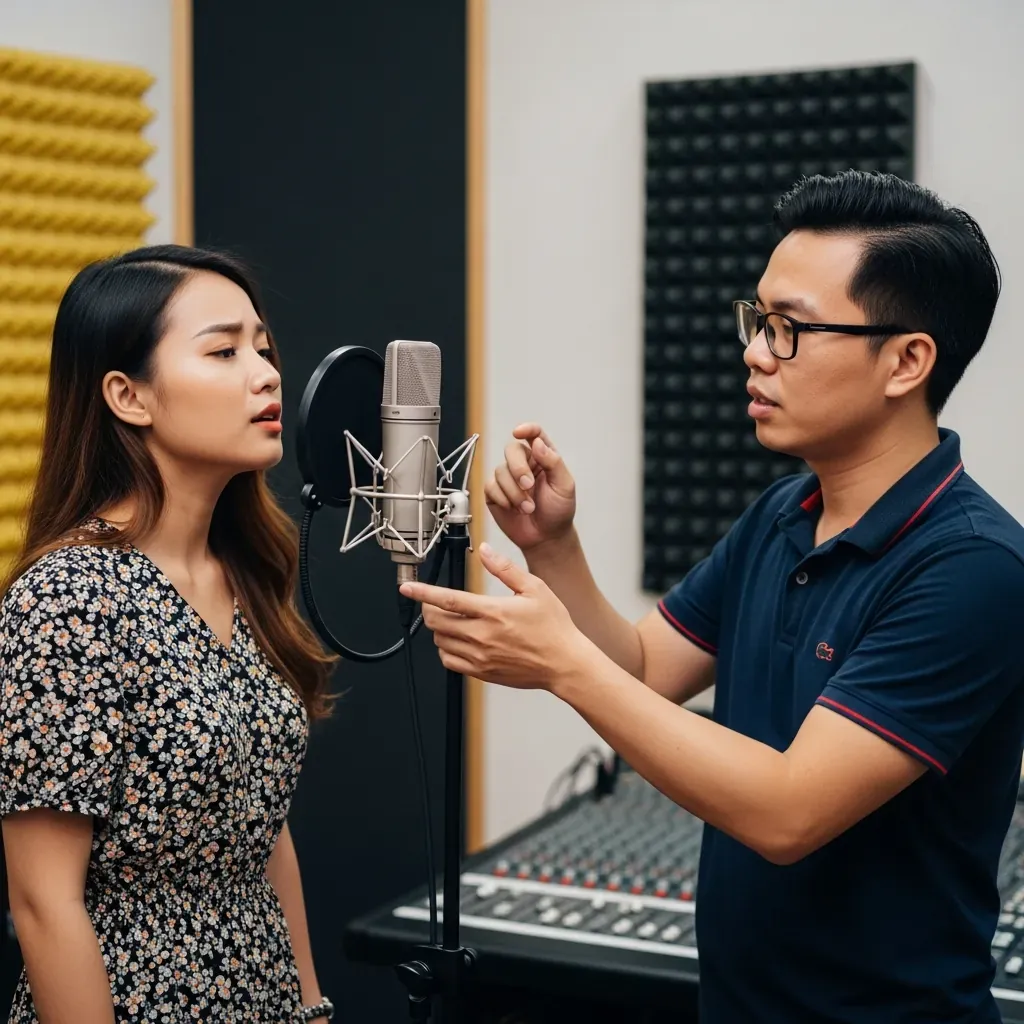 Ca sĩ trẻ người Việt được kỹ thuật viên hướng dẫn thanh nhạc tại Sonar Production.