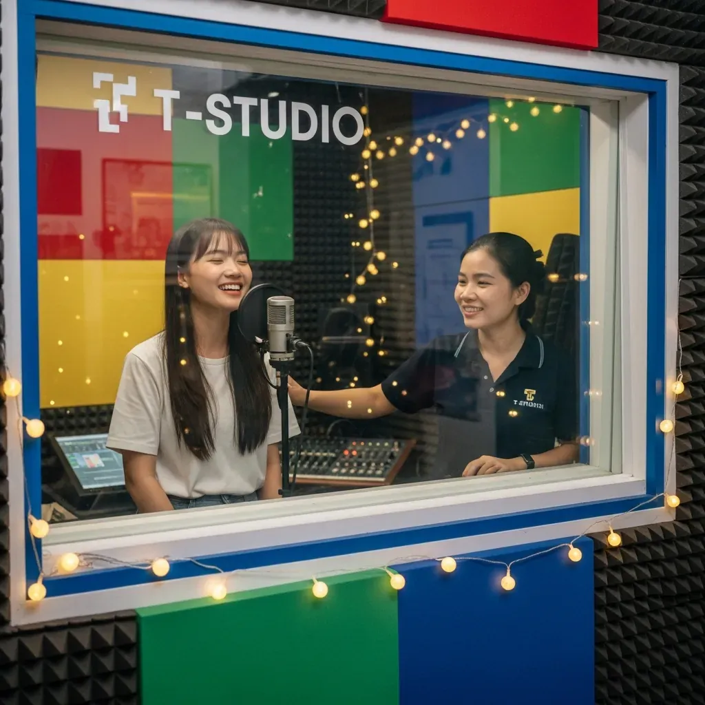 Cô gái trẻ người Việt đang thu âm tại T-Studio, không gian ấm cúng và sáng tạo.