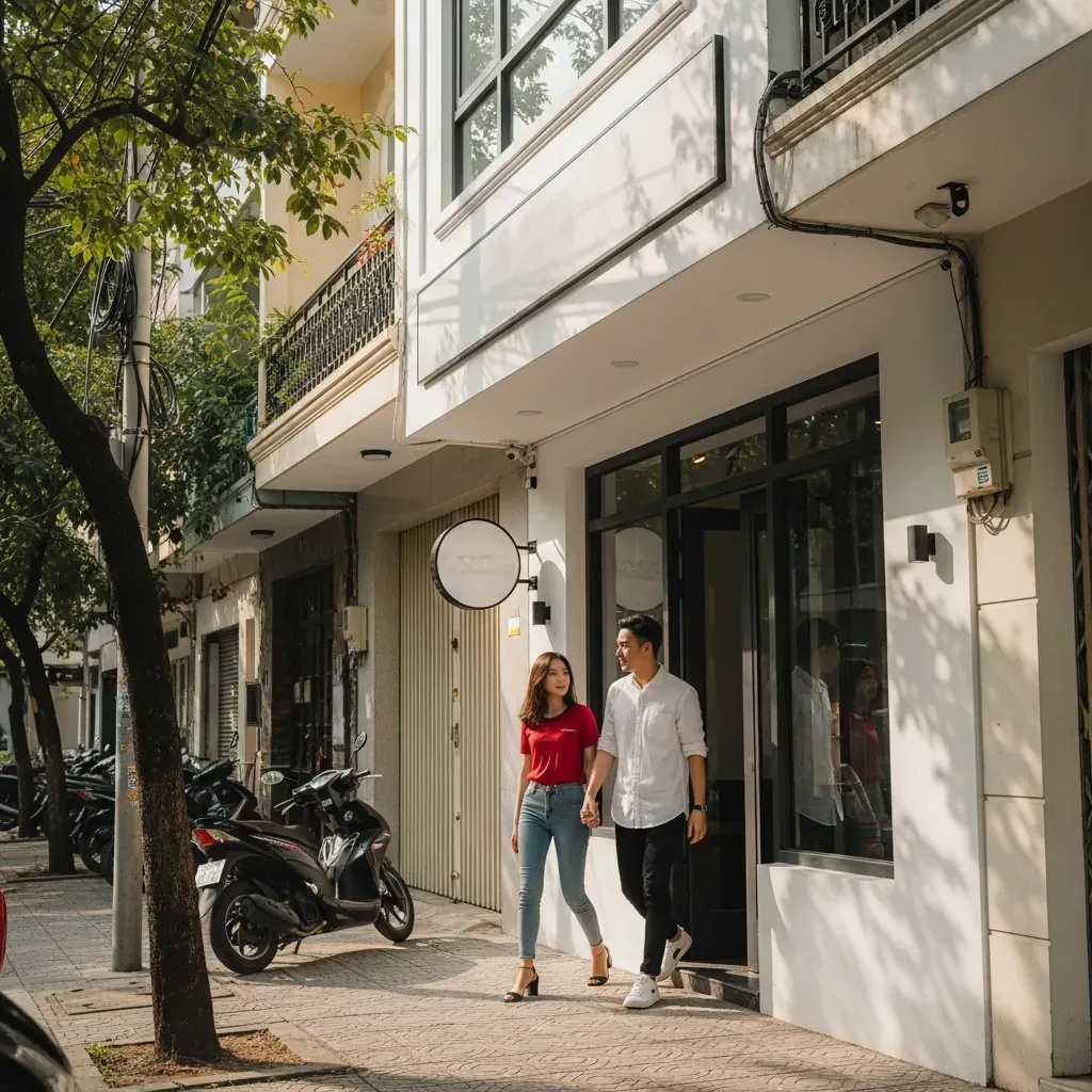 Mặt tiền phòng thu Nguyễn Báu Studio tại quận 3, TPHCM với khách hàng trẻ bước vào.