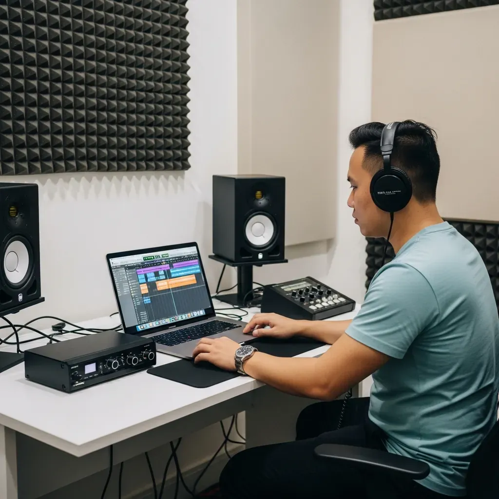 Nhà sản xuất âm nhạc người Việt đang làm việc tại Calvin Music, quận Tân Bình.