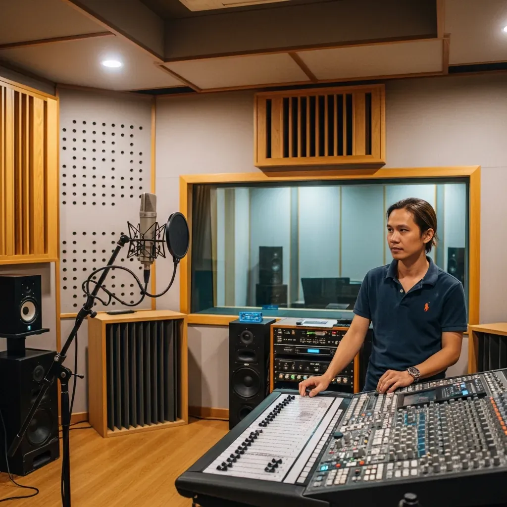 Phòng thu âm chuyên nghiệp tại TPHCM với kỹ thuật viên người Việt đang điều chỉnh thiết bị.