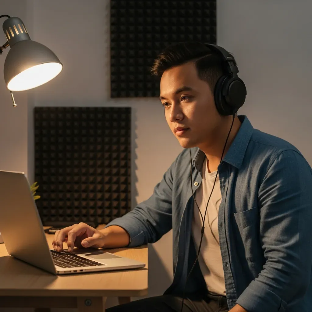 Thanh niên Việt Nam đang kiểm tra bản thu master bằng tai nghe tại nhà.