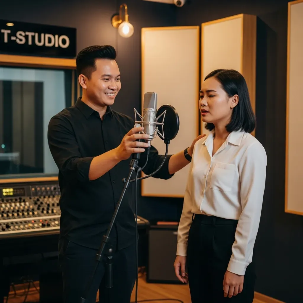 Kỹ thuật viên hướng dẫn người mới thu âm tại T-Studio.
