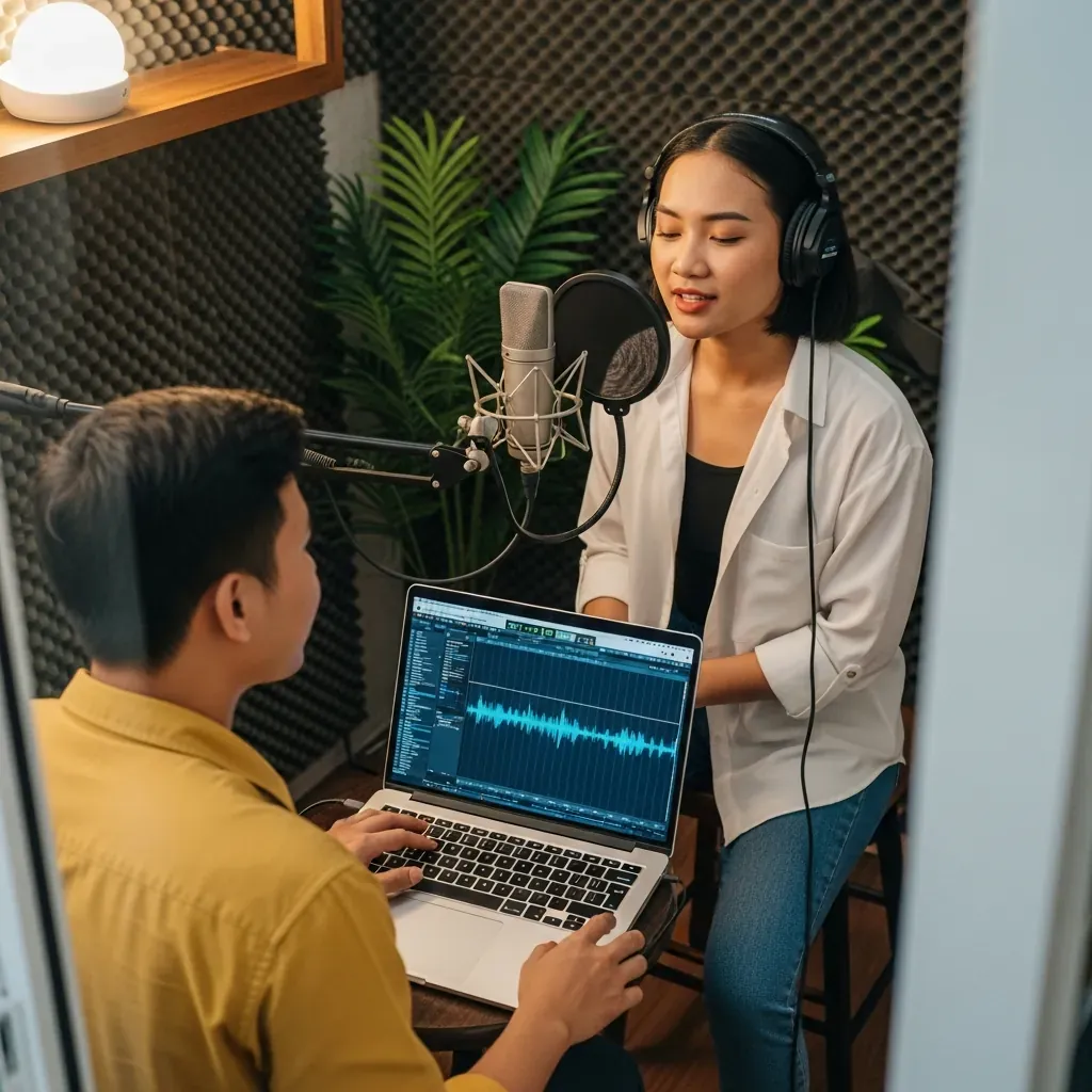 Một người trẻ Việt Nam đang thu âm trong phòng thu giá rẻ với kỹ thuật viên hỗ trợ.