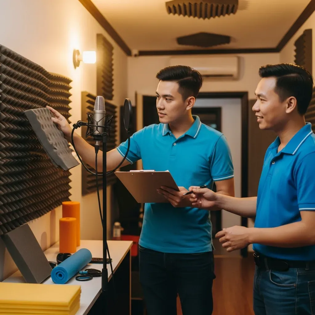 Người dùng trẻ kiểm tra chất lượng phòng thu trước khi đặt lịch.
