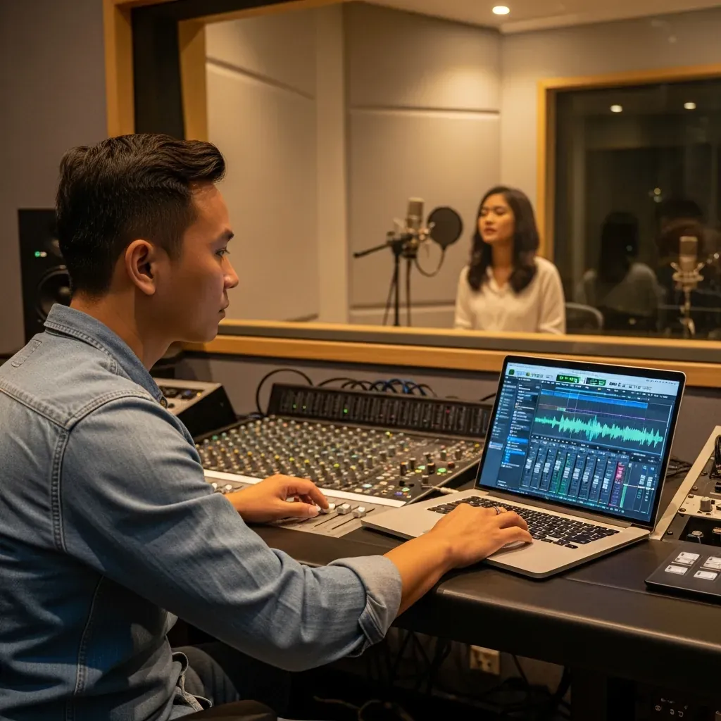 Kỹ thuật viên âm thanh người Việt Nam đang làm việc tại bàn mix, phía sau là cabin thu âm