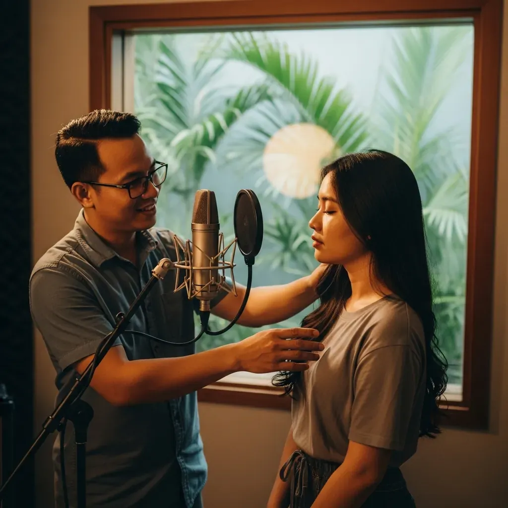 Kỹ thuật viên nhiệt tình hướng dẫn ca sĩ lần đầu đi thu