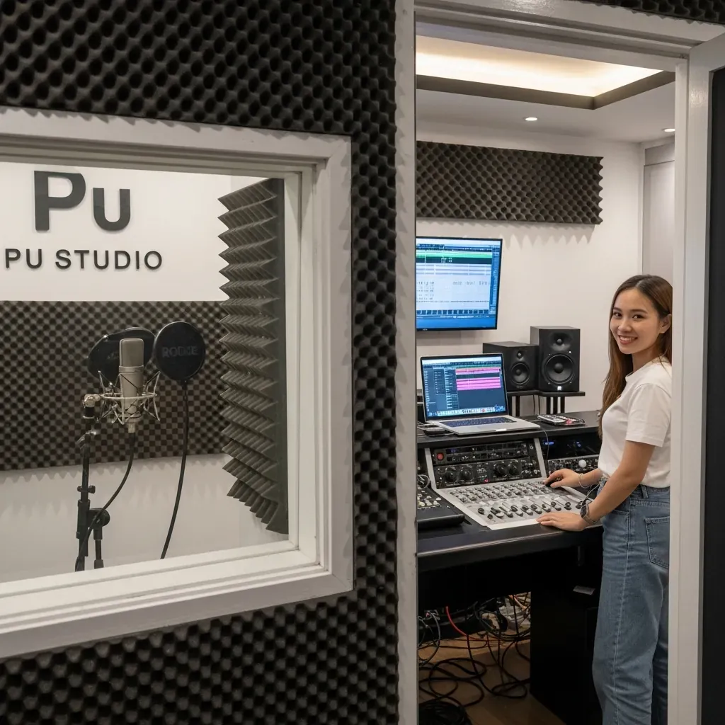 Phòng thu PU Studio sạch sẽ, trang bị thiết bị Focusrite và Yamaha