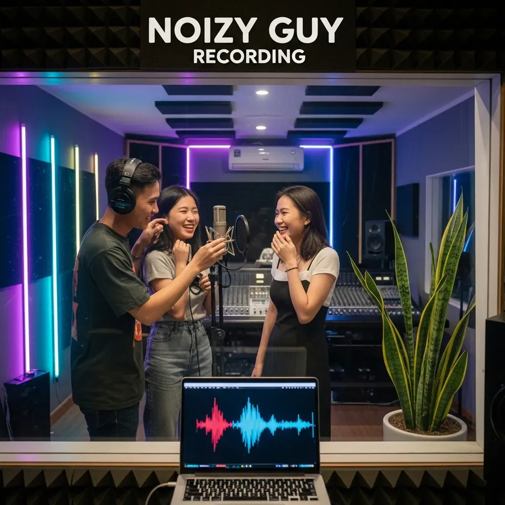 Bên trong phòng thu Noizy Guy Recording trẻ trung với kỹ thuật viên và khách hàng người Việt đang chuẩn bị thu âm.