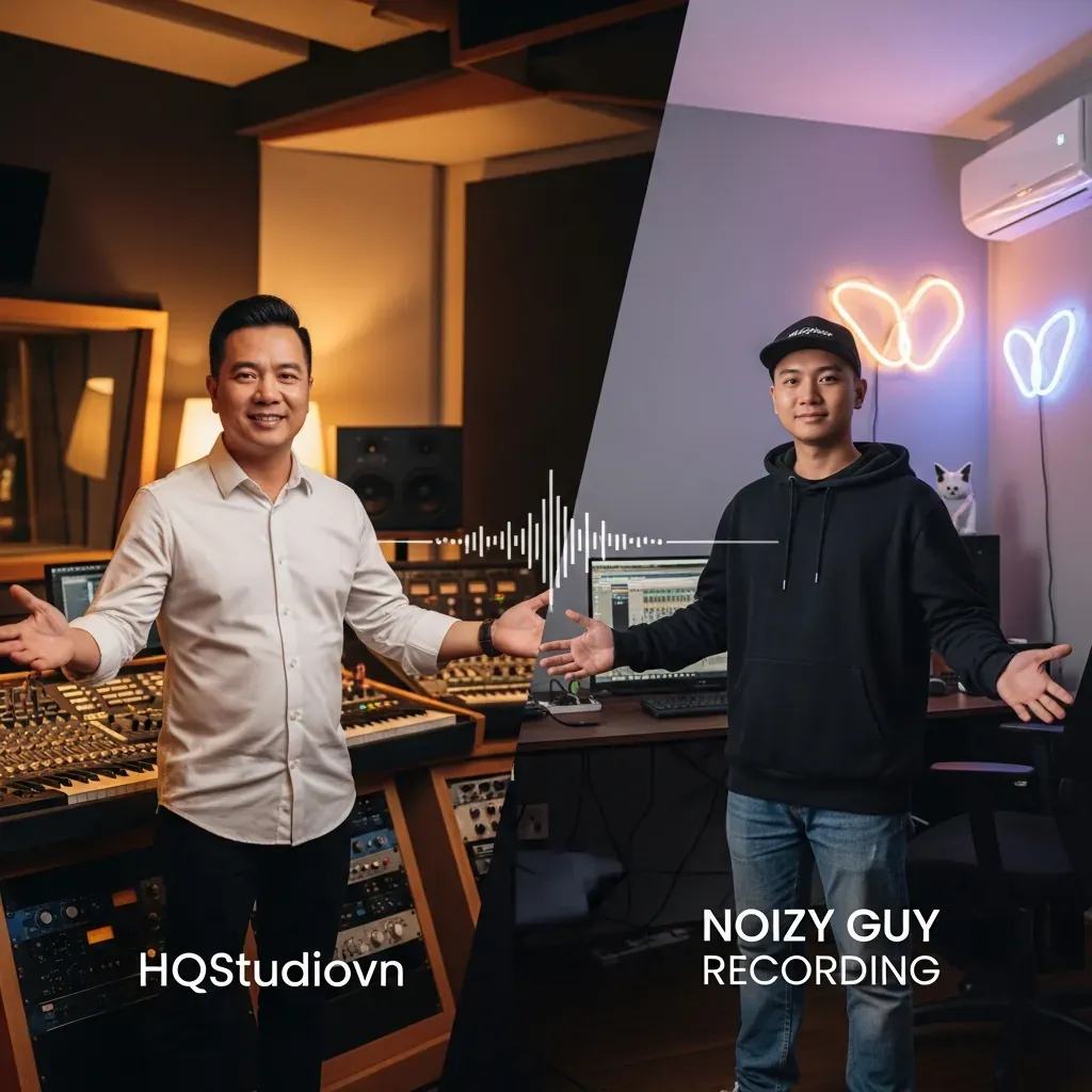 Hình ảnh so sánh hai phòng thu: bên trái là HQStudiovn chuyên nghiệp, bên phải là Noizy Guy Recording trẻ trung.