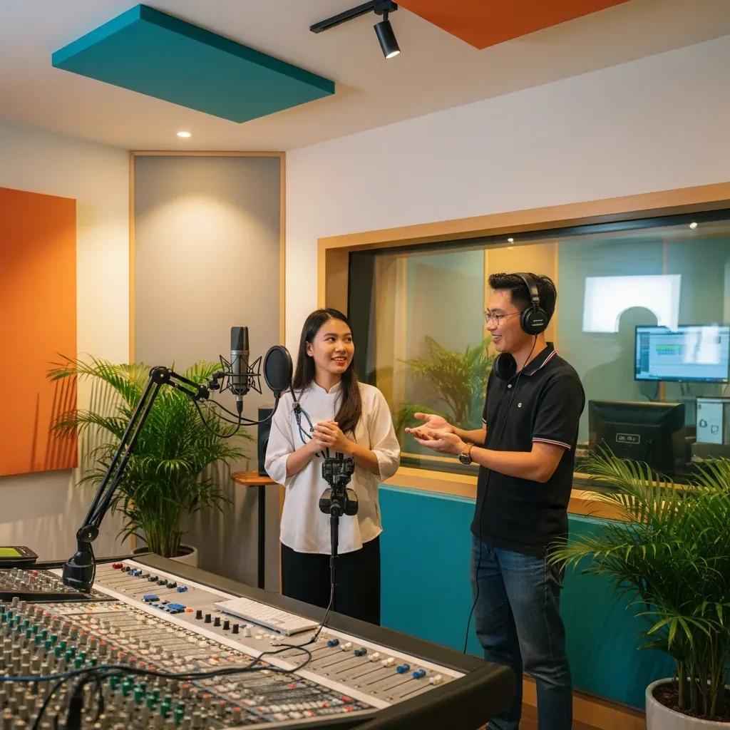 Không gian phòng thu âm ấm cúng tại Quận 9 với kỹ thuật viên và khách hàng người Việt, tạo cảm giác thân thiện.