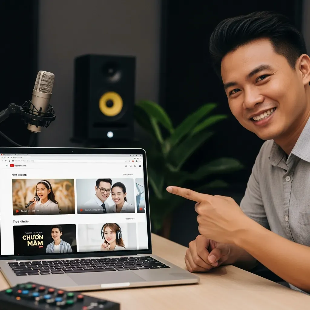 Màn hình laptop hiển thị các video thu âm của khách hàng người Việt không chuyên tại phòng thu.