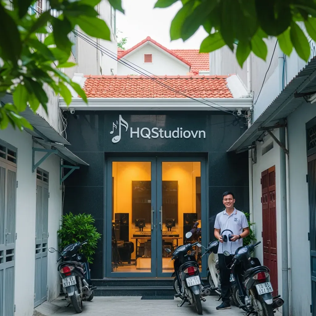 Mặt tiền phòng thu HQStudiovn trong hẻm nhỏ ở Quận 9 với kỹ thuật viên người Việt đón khách.