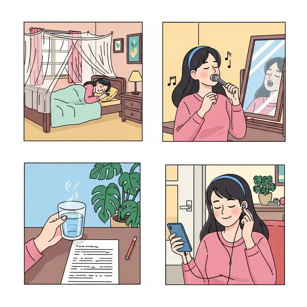 Minh họa các bước chuẩn bị trước khi đi thu âm: ngủ đủ giấc, luyện thanh, uống nước ấm và tập với beat.