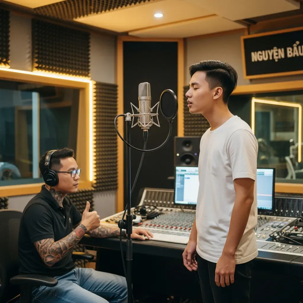 Bên trong Nguyễn Báu Studio quận 3, ca sĩ trẻ Việt hát thử với micro Neumann U87, kỹ thuật viên đang điều chỉnh phía sau.