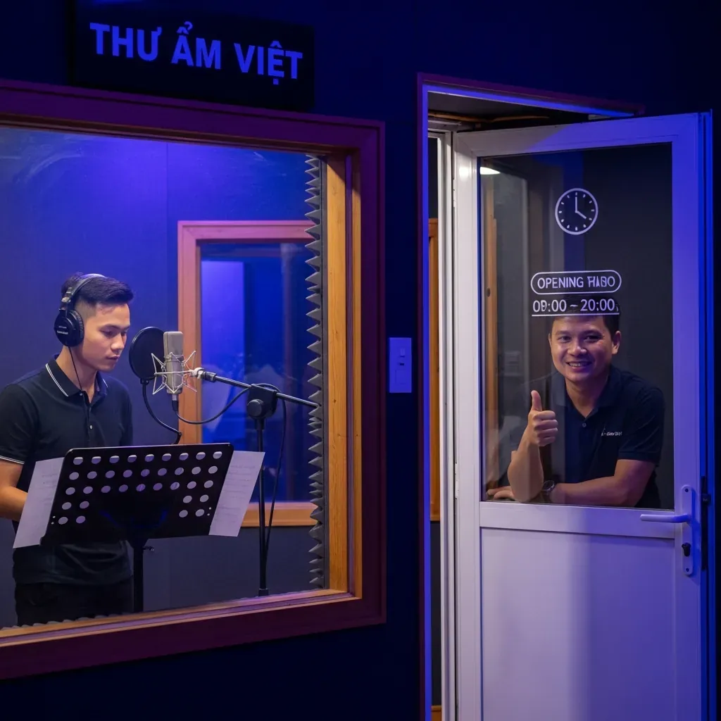 Buổi tối tại Thu Âm Việt quận Gò Vấp, nam thanh niên Việt đang thu âm, kỹ sư giơ ngón cái động viên qua cửa kính.