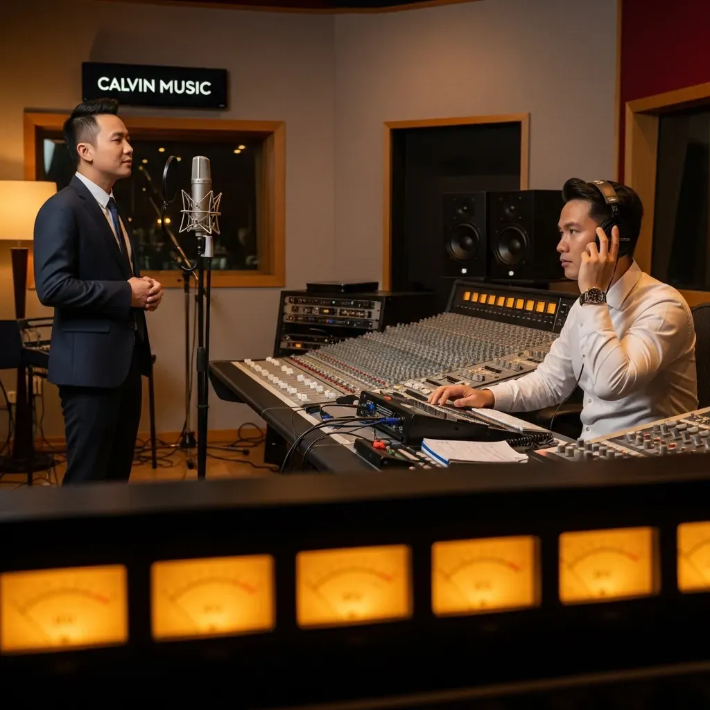 Calvin Music quận Tân Bình, ca sĩ Việt chuyên nghiệp đứng trước micro cổ điển, kỹ thuật viên kỳ cựu đang tập trung chỉnh bàn mix.