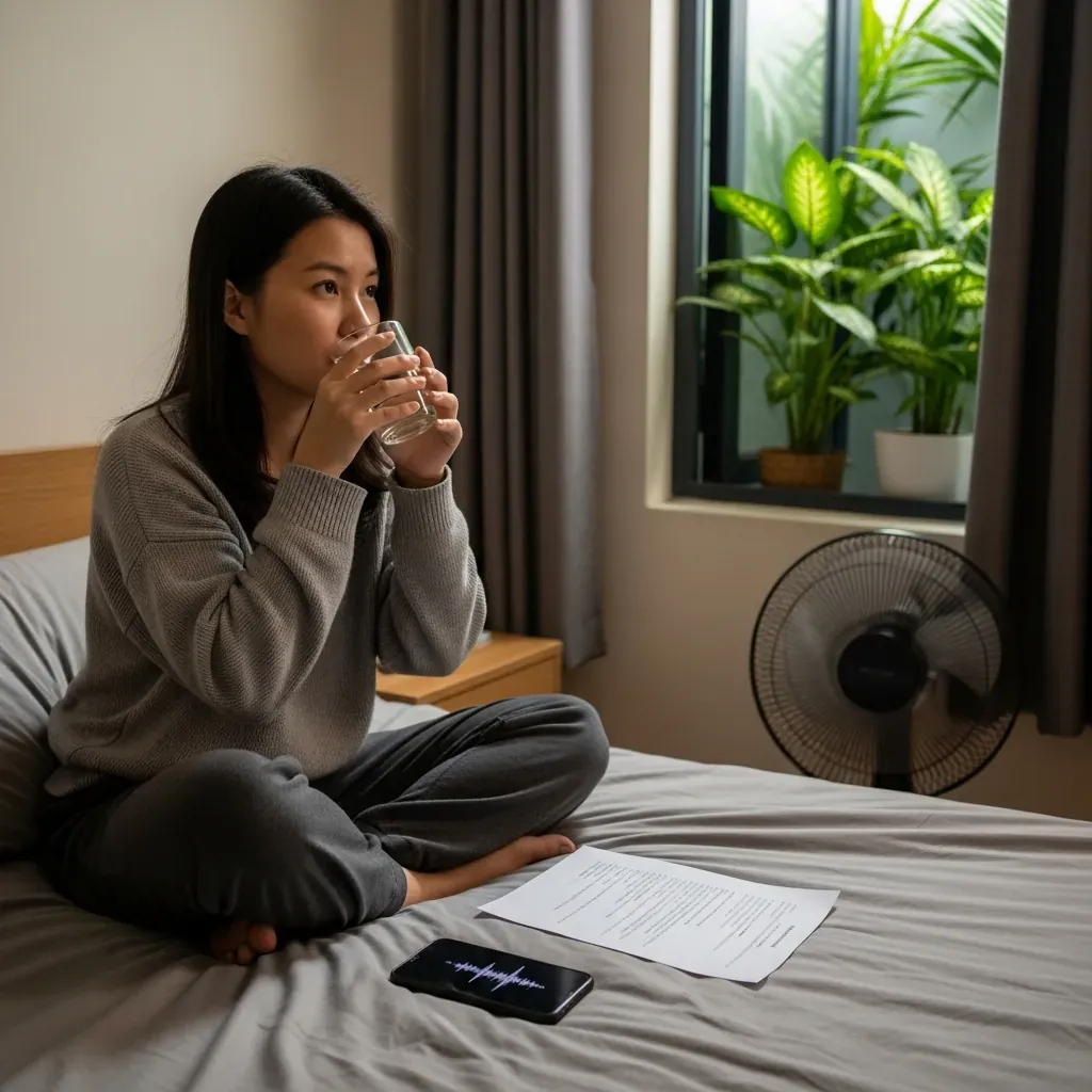 Cô gái Việt trẻ tuổi ngồi trên giường, uống nước ấm, bên cạnh tờ lời bài hát trắng và điện thoại, chuẩn bị cho buổi thu sáng mai.