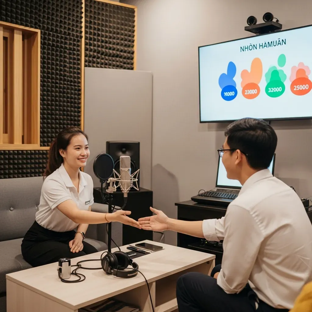 Không gian tiếp khách của phòng thu với nhân viên nữ người Việt niềm nở, phía sau có màn hình hiển thị biểu tượng dịch vụ không chữ.