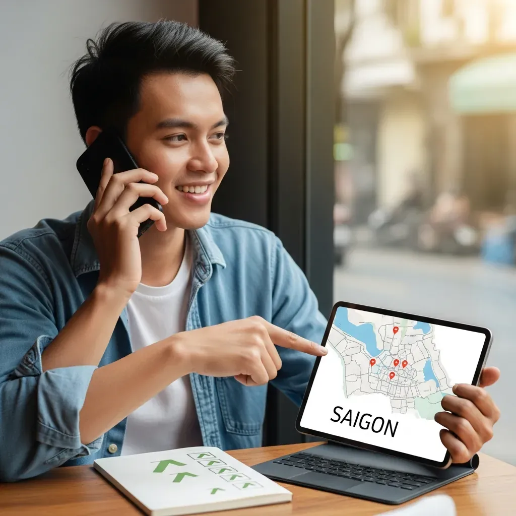 Nam nhạc sĩ trẻ người Việt ngồi quán cà phê, tay cầm điện thoại gọi phòng thu, tay kia chỉ bản đồ quận trên máy tính bảng.