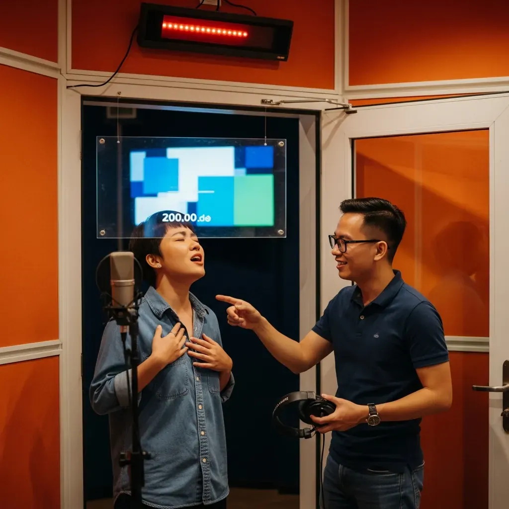 Sonar Studio trung tâm TP.HCM, nữ ca sĩ người Việt đang hát, kỹ sư bước vào cabin hướng dẫn kỹ thuật lấy hơi.
