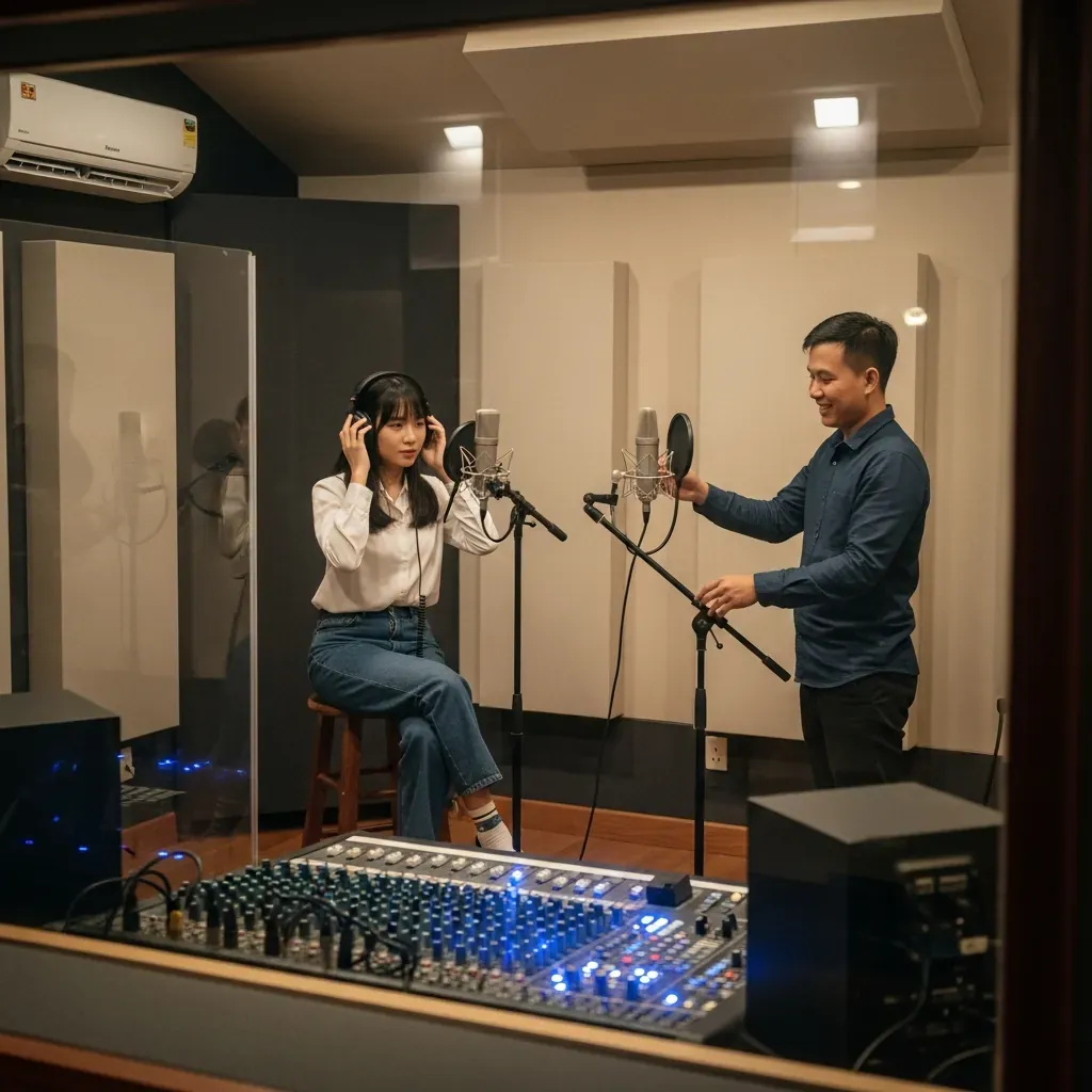 T Studio quận Phú Nhuận, nữ ca sĩ trẻ Việt thoải mái chỉnh tai nghe trong cabin cách âm, kỹ sư nhẹ nhàng hướng dẫn.