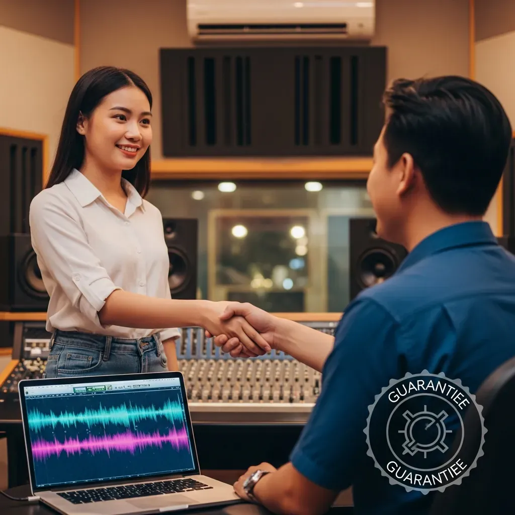Wings Production quận 10, nữ khách hàng người Việt bắt tay kỹ sư trong không gian phòng thu hiện đại, màn hình hiển thị sóng âm không chữ.
