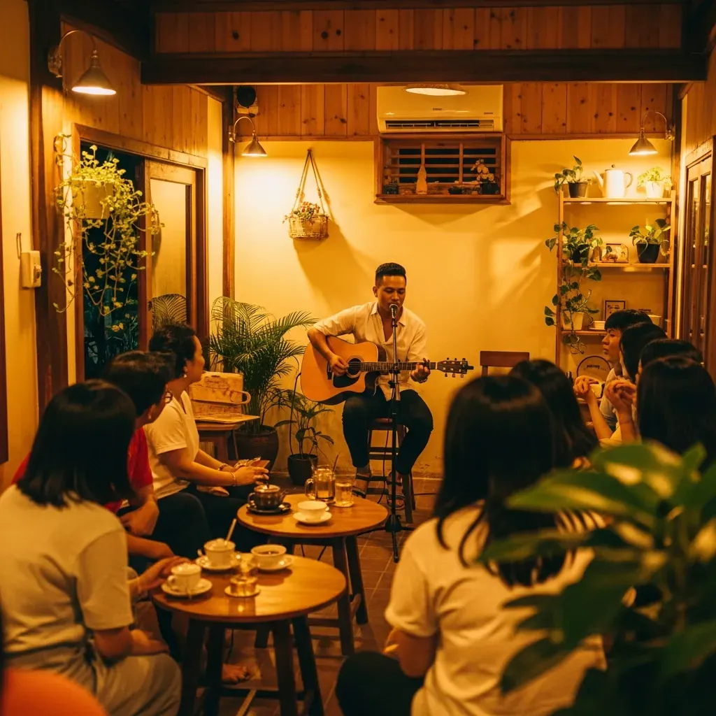 Phòng trà acoustic mộc mạc tông gỗ với đèn vàng ấm