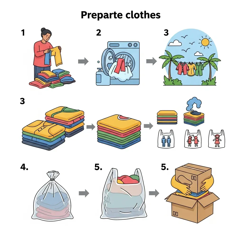 Các bước chuẩn bị quần áo cũ trước khi tặng: sàng lọc, giặt, phân loại, đóng gói