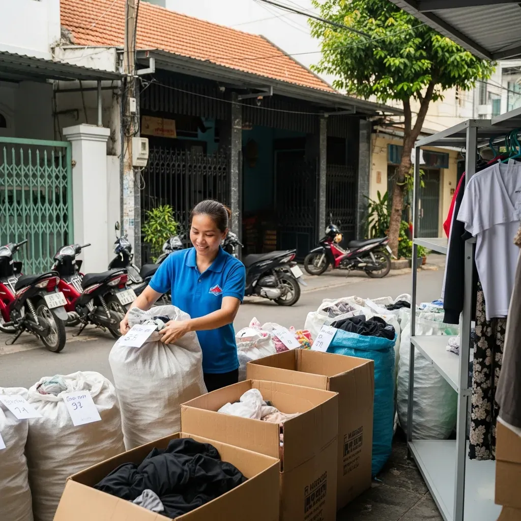Điểm tiếp nhận quần áo cũ với tình nguyện viên sắp xếp đồ quyên góp tại TP.HCM