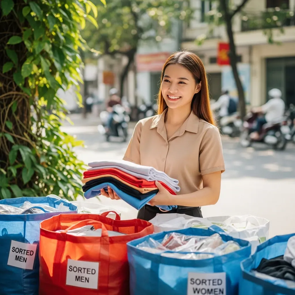 Người phụ nữ Việt mang quần áo cũ đã giặt sạch đến điểm quyên góp tại TP.HCM