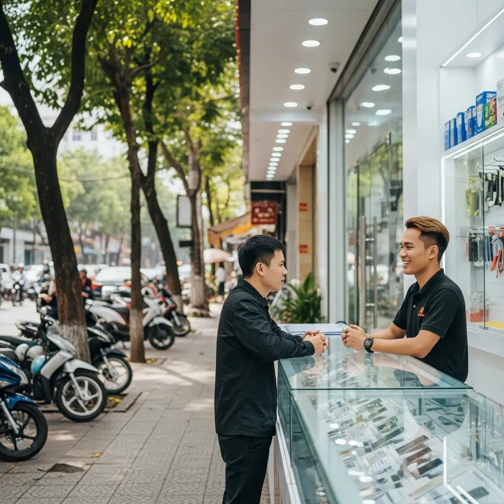 Cửa hàng sửa điện thoại trên tuyến đường ở Quận 7 với khách hàng và thợ tư vấn