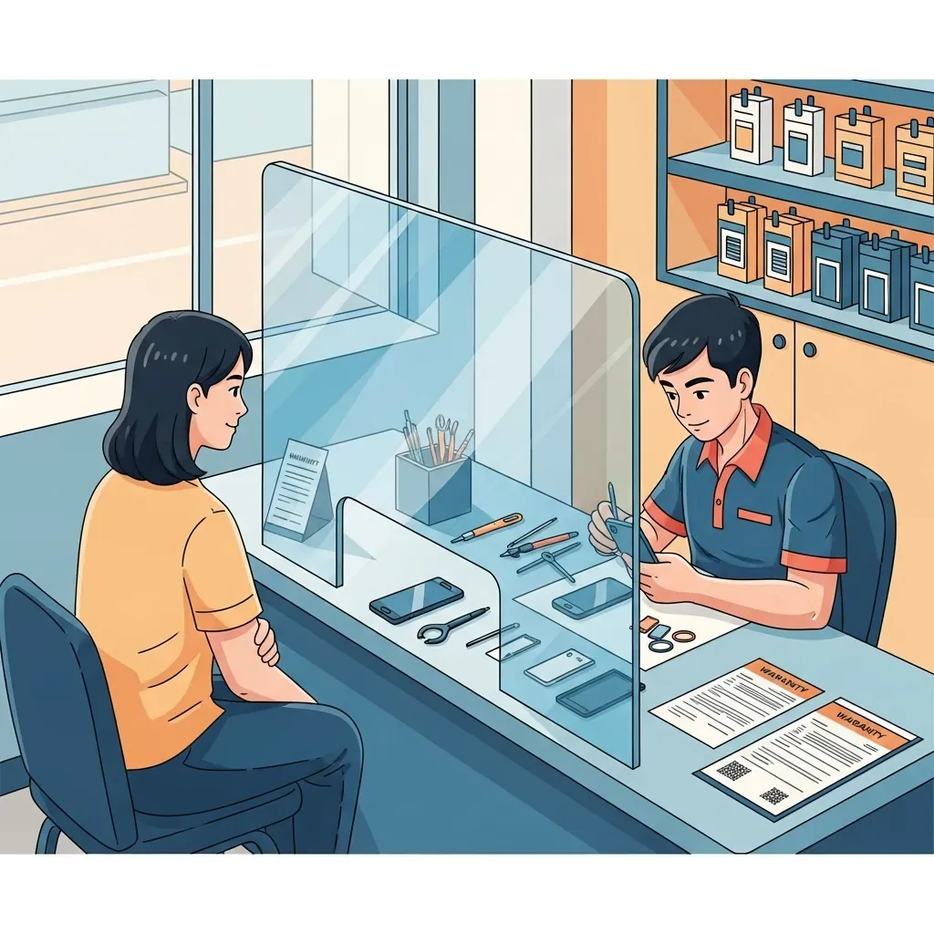 Tiêu chí chọn cửa hàng sửa điện thoại uy tín, khách ngồi xem thợ thao tác trực tiếp