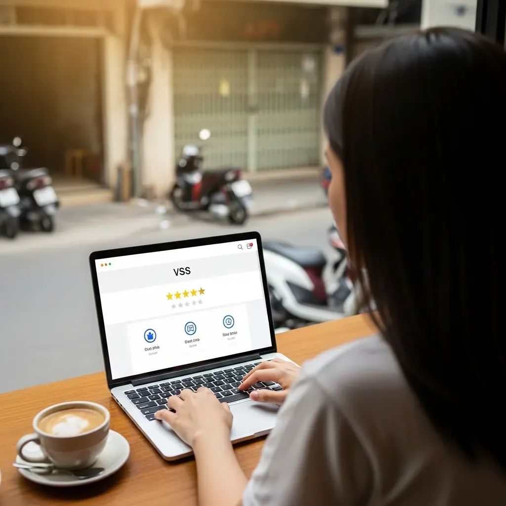 Cô gái Việt ngồi quán cà phê, màn hình laptop hiển thị so sánh đánh giá bằng sao và biểu tượng, góc nhìn từ phía sau qua vai.