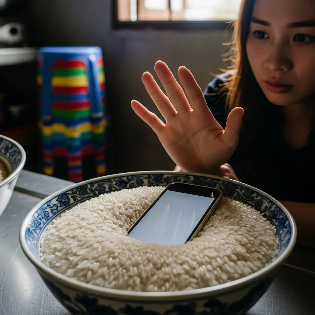 Điện thoại vùi trong bát gạo sống, bàn tay người phụ nữ Việt đưa ra ngăn lại, cảnh báo sai lầm dân gian.