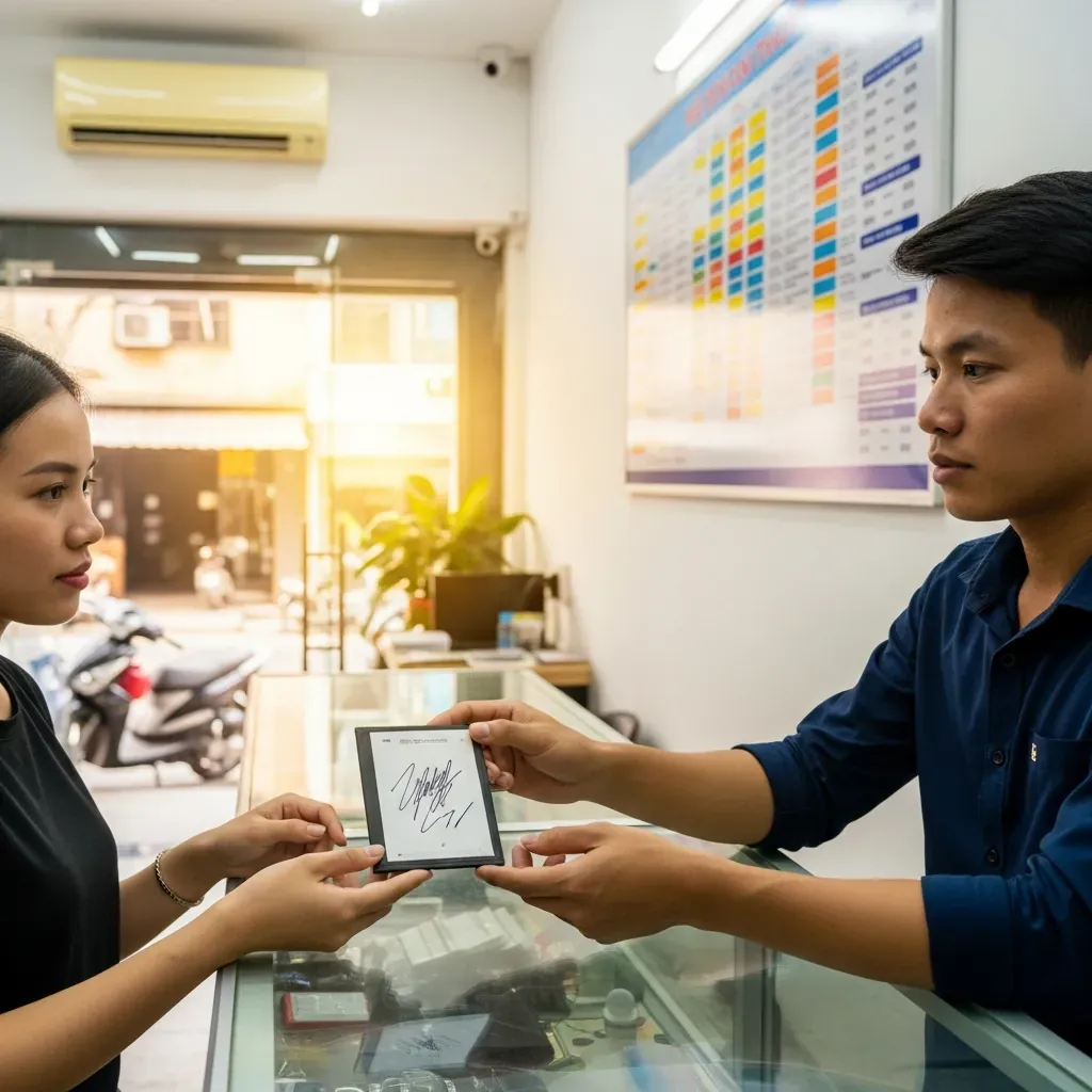 Khách hàng nữ đang đứng xem kỹ thuật viên sửa điện thoại trong tiệm, kỹ thuật viên đưa viên pin có chữ ký của khách để đảm bảo minh bạch.