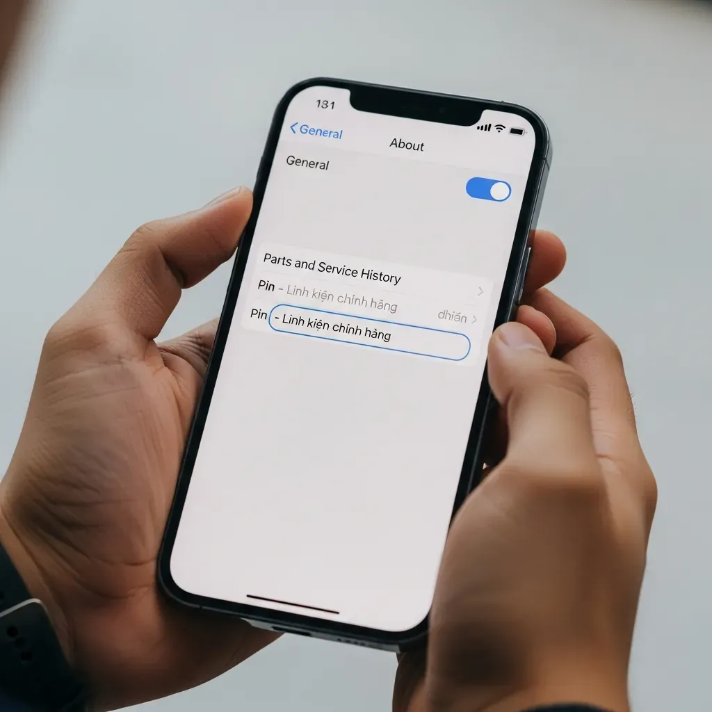 Màn hình iPhone hiển thị cài đặt 'Giới thiệu' > 'Linh kiện và Lịch sử dịch vụ' bằng tiếng Việt, cho thấy pin chính hãng.