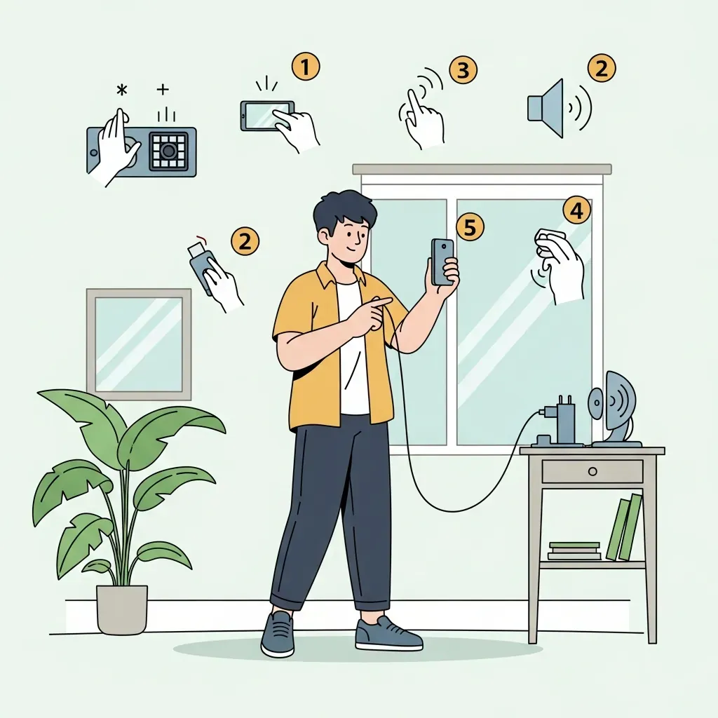Minh họa từng bước kiểm tra điện thoại sau sửa: nhấn nút, vuốt màn hình, chụp ảnh, cắm sạc, nghe loa, với biểu tượng trực quan.