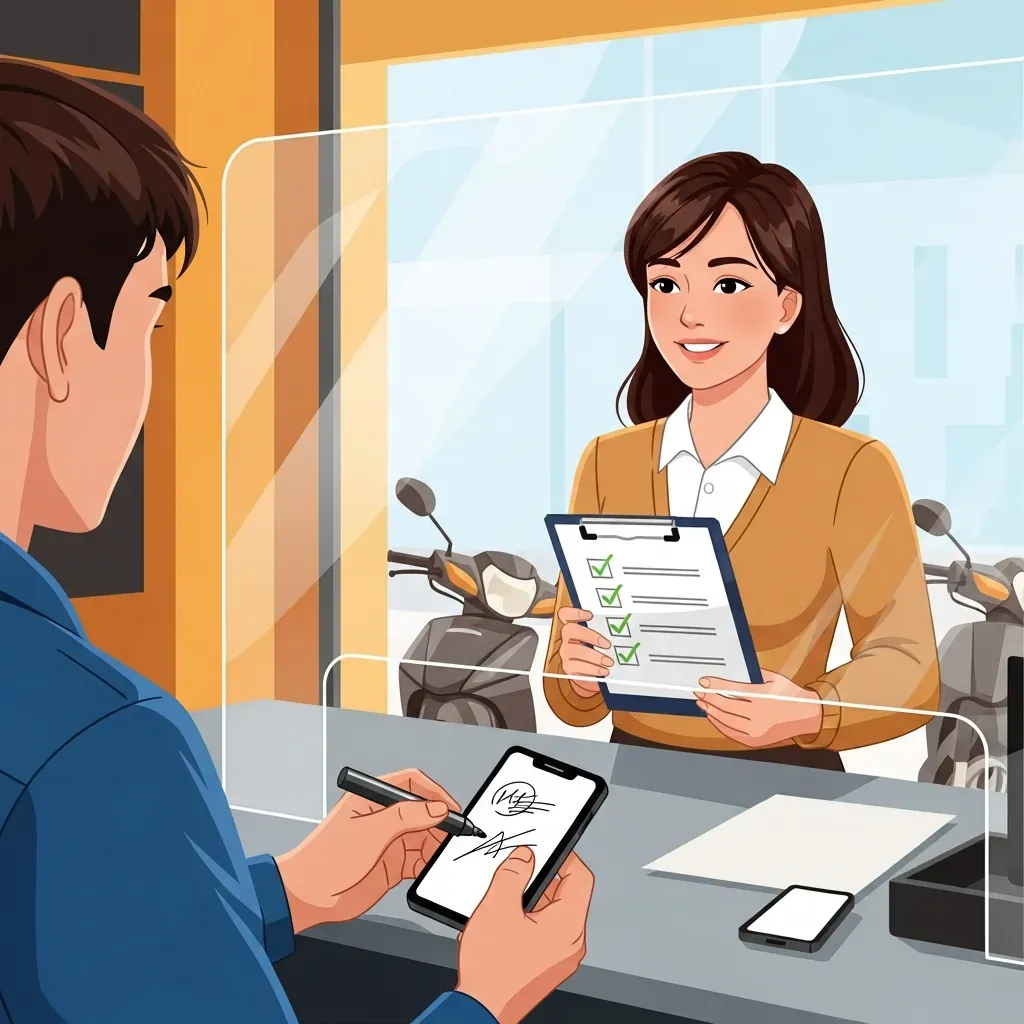 Một người phụ nữ Việt cầm bảng checklist, kỹ thuật viên đưa bút mời ký tên lên màn hình mới, khung cảnh tiệm sửa chữa trong suốt.