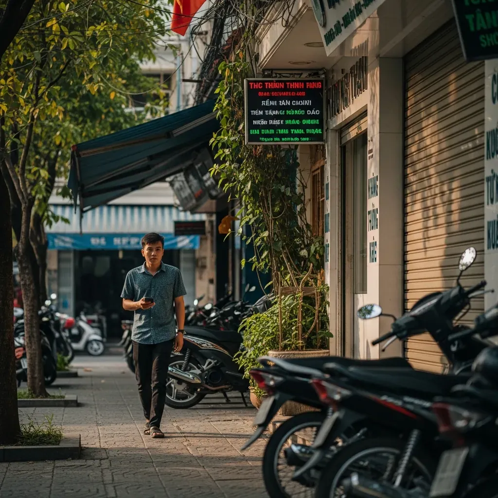 Một thanh niên Việt bước ra khỏi tiệm sửa điện thoại đã đóng cửa, tay cầm điện thoại, vẻ mặt cương quyết.