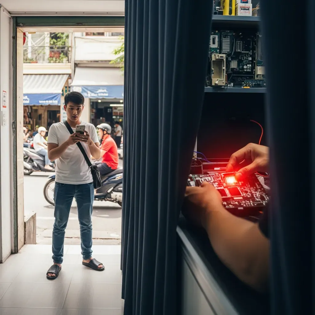 Một thanh niên Việt Nam đang nghi ngờ cầm điện thoại, phía sau là bàn tay kỹ thuật viên lén đổi linh kiện qua rèm kéo, ánh sáng đỏ cảnh báo.