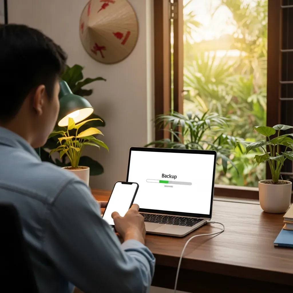 Nam thanh niên Việt đang kết nối điện thoại với laptop để sao lưu, màn hình hiển thị thanh tiến trình, góc nhìn qua vai.